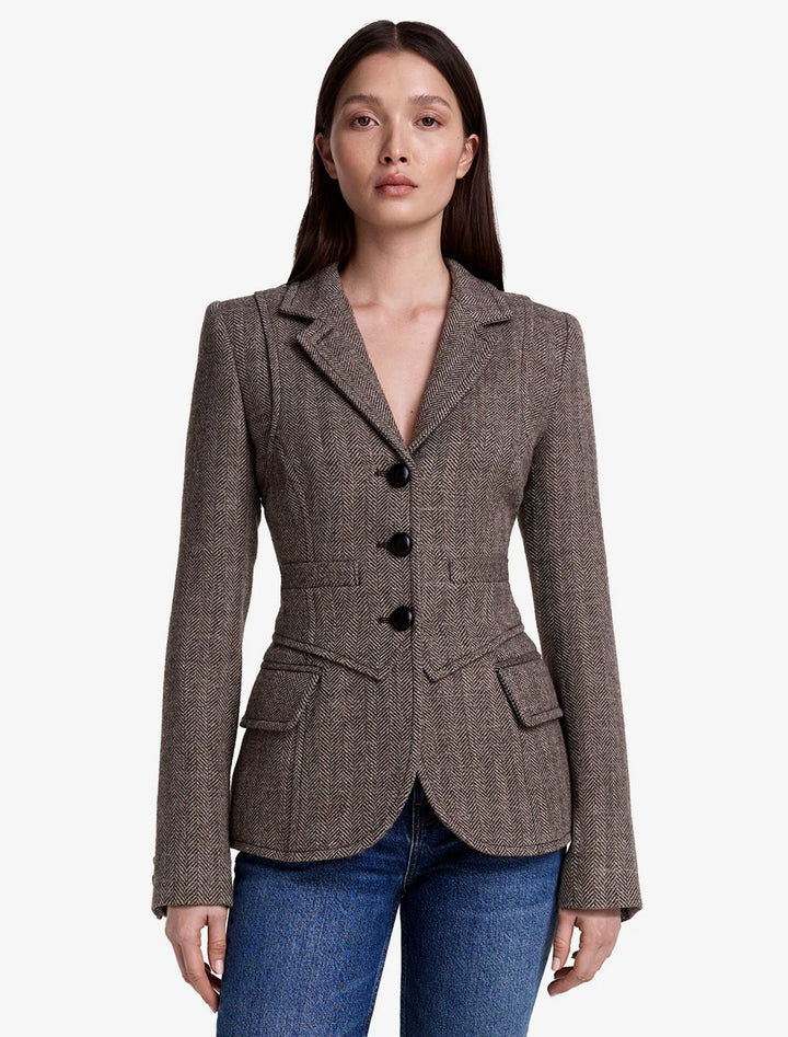 three button blazer in mushroom herringbone