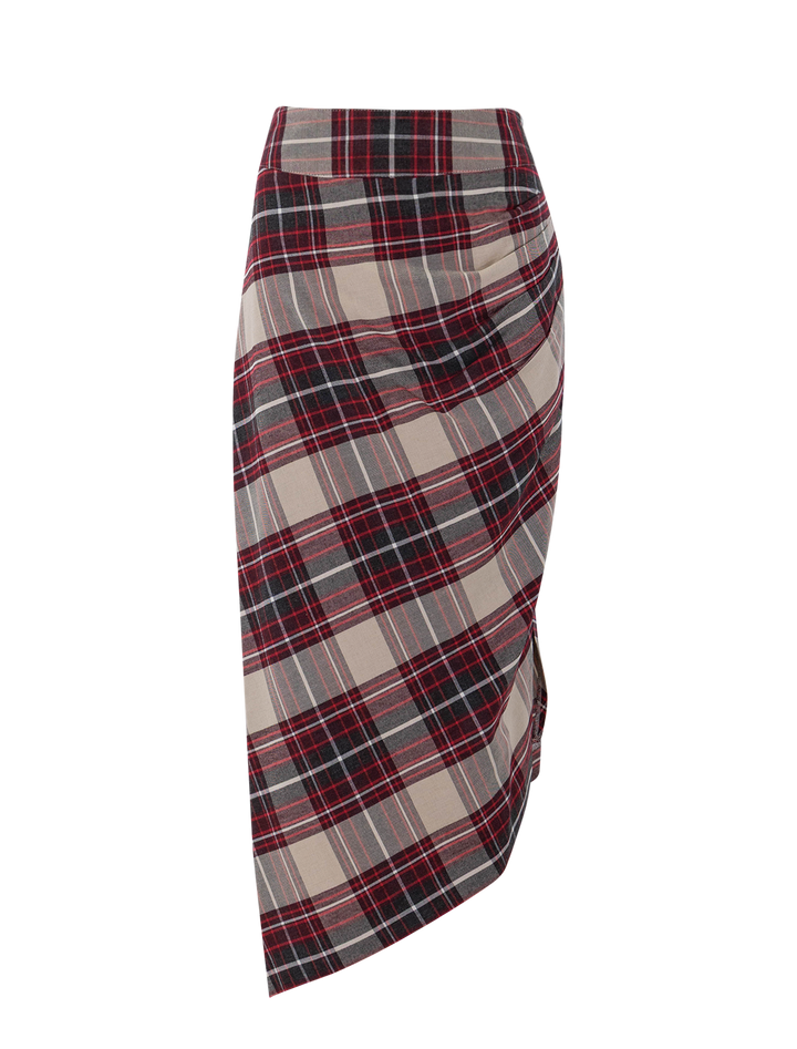 asymmetrical skirt in garnet plaid