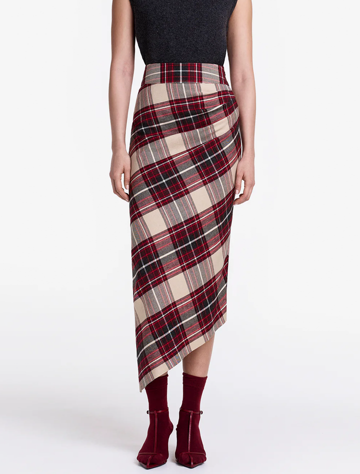asymmetrical skirt in garnet plaid
