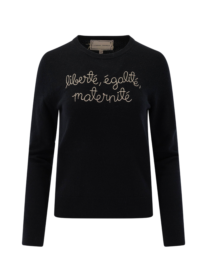 liberté egalité maternité black crewneck sweater with sand embroidery