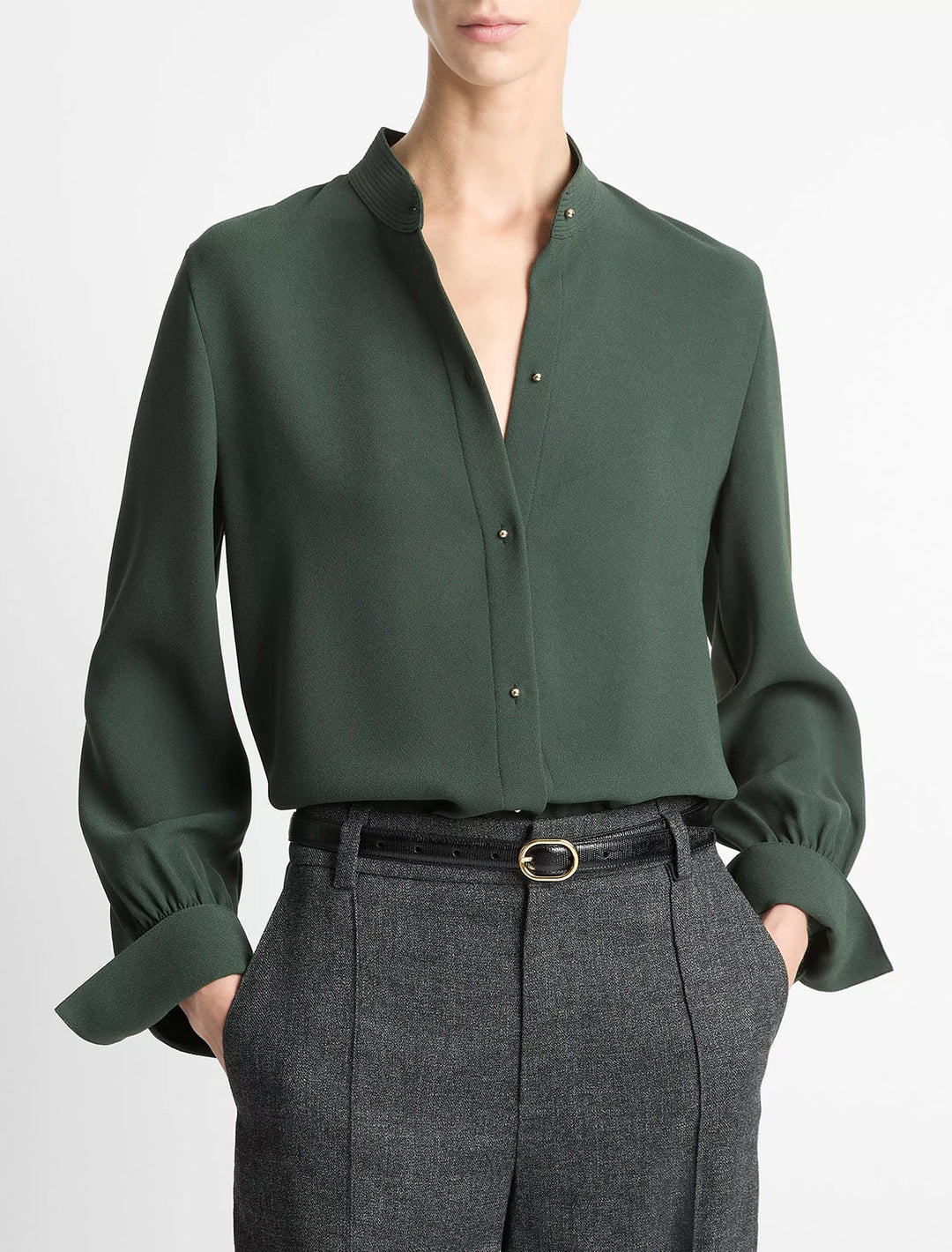 metal ball button long sleeve shirt in forest