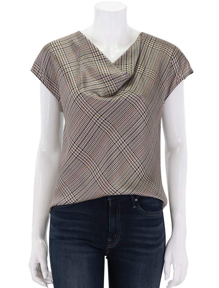 pressed plaid cowl neck cap sleeve blouse
