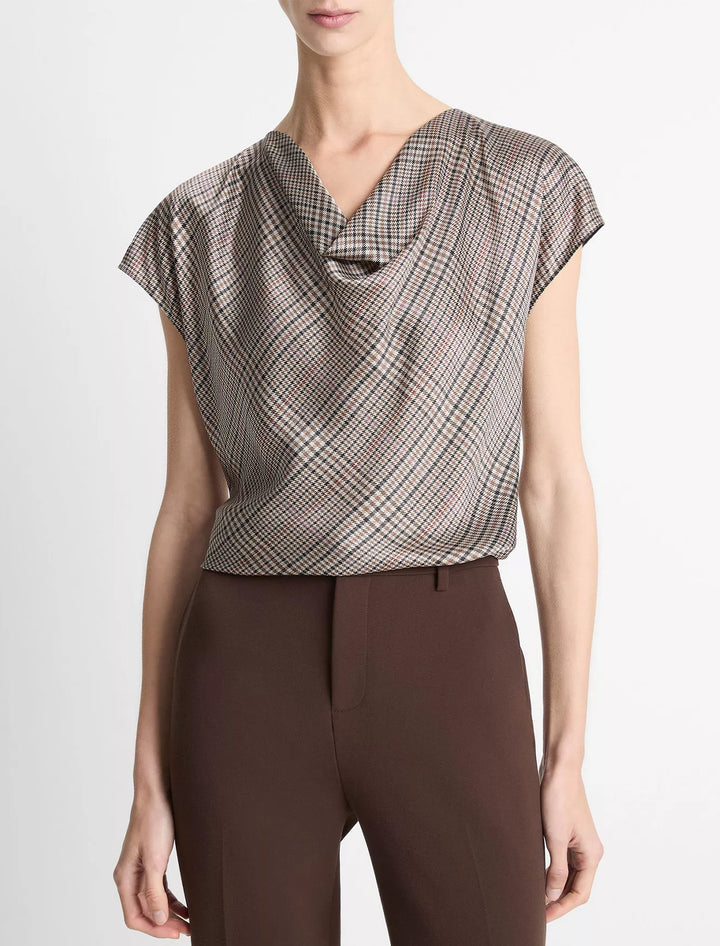 pressed plaid cowl neck cap sleeve blouse