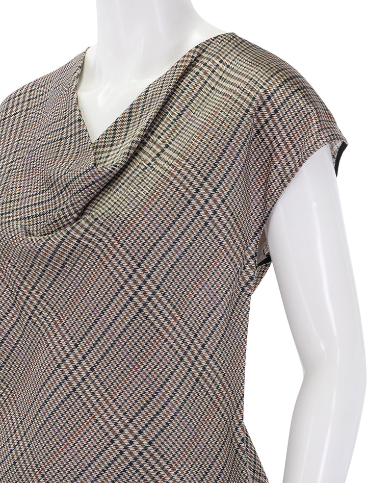 pressed plaid cowl neck cap sleeve blouse