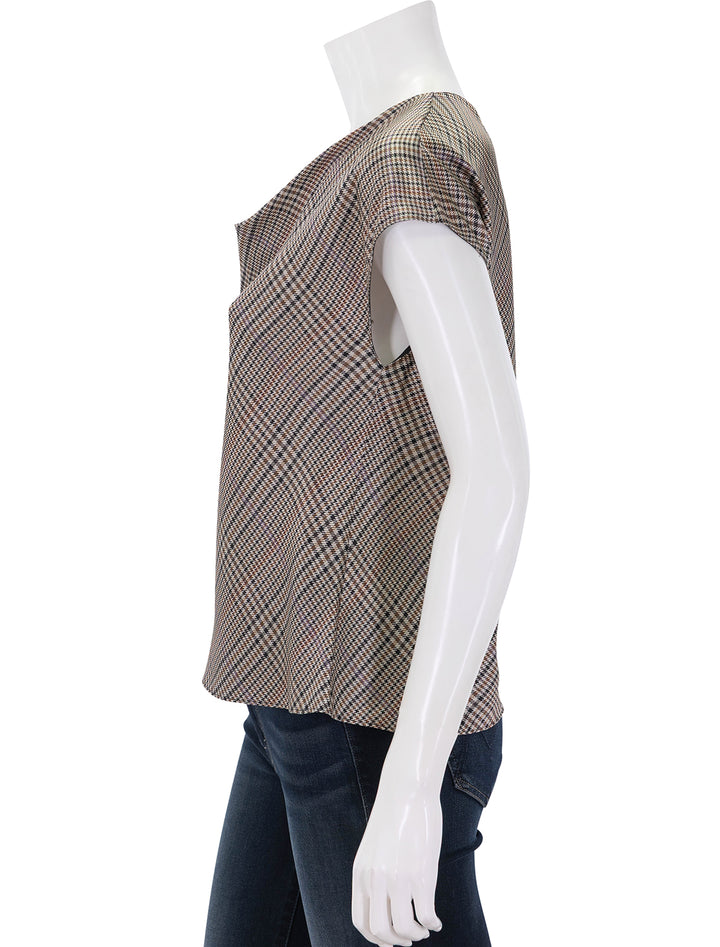 pressed plaid cowl neck cap sleeve blouse