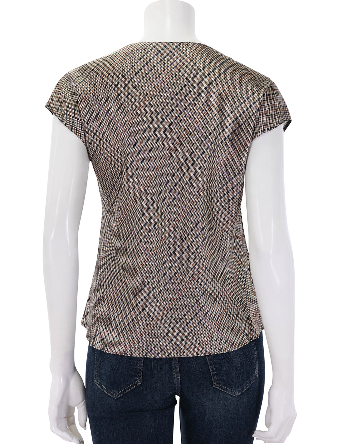 pressed plaid cowl neck cap sleeve blouse