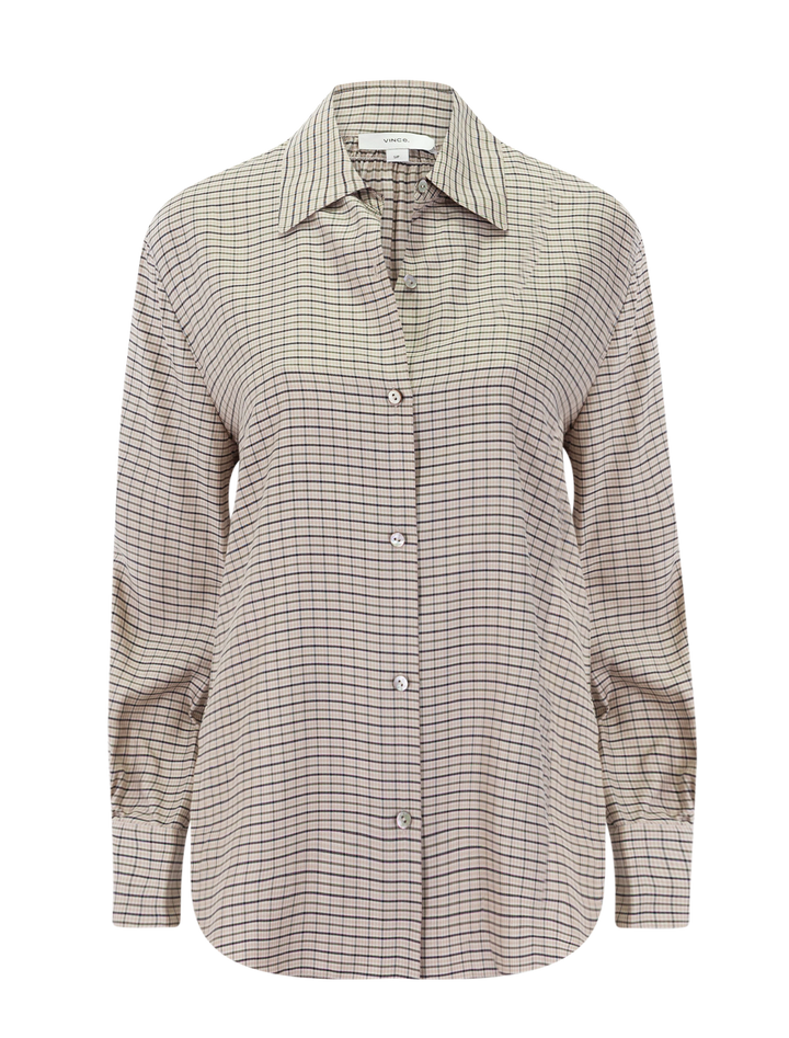 micro check placed smocked long sleeve shirt in taupe multi