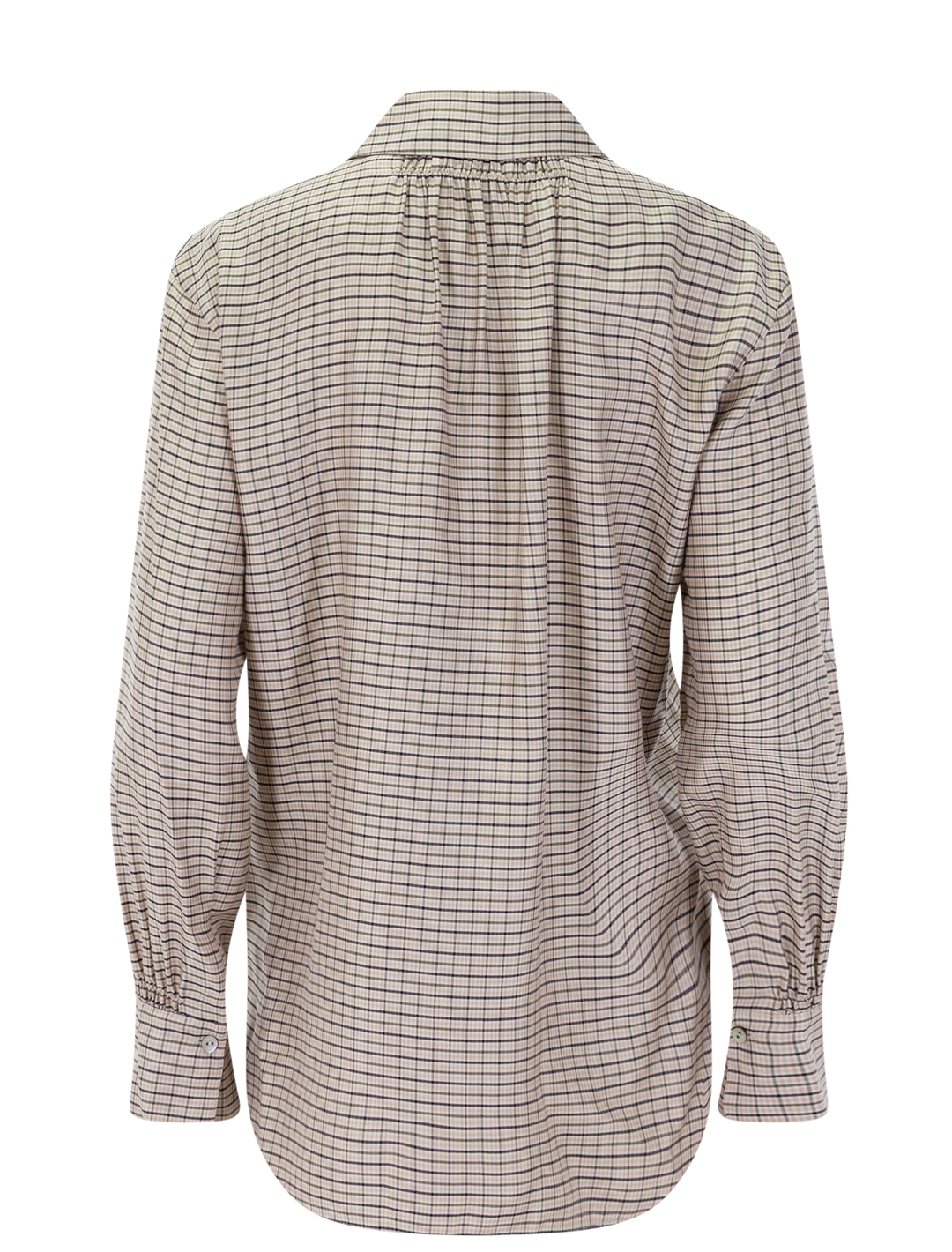 micro check placed smocked long sleeve shirt in taupe multi