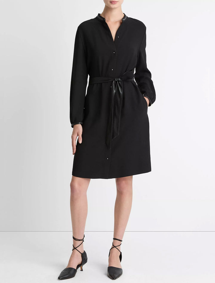 long sleeve shirt dress with vegan leather trim