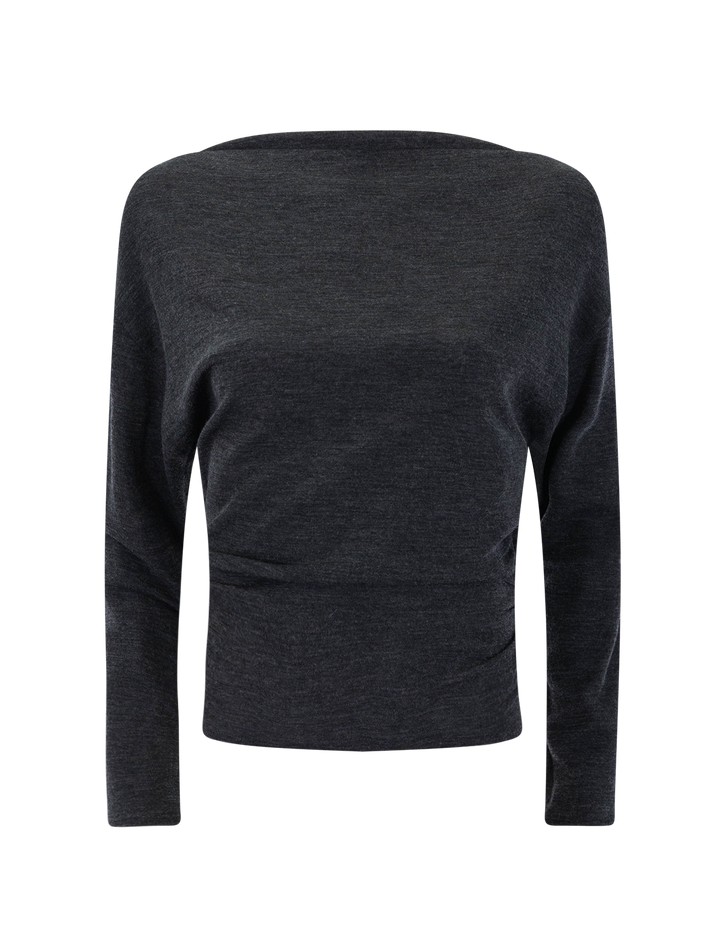 draped slash neck top in dark heather grey