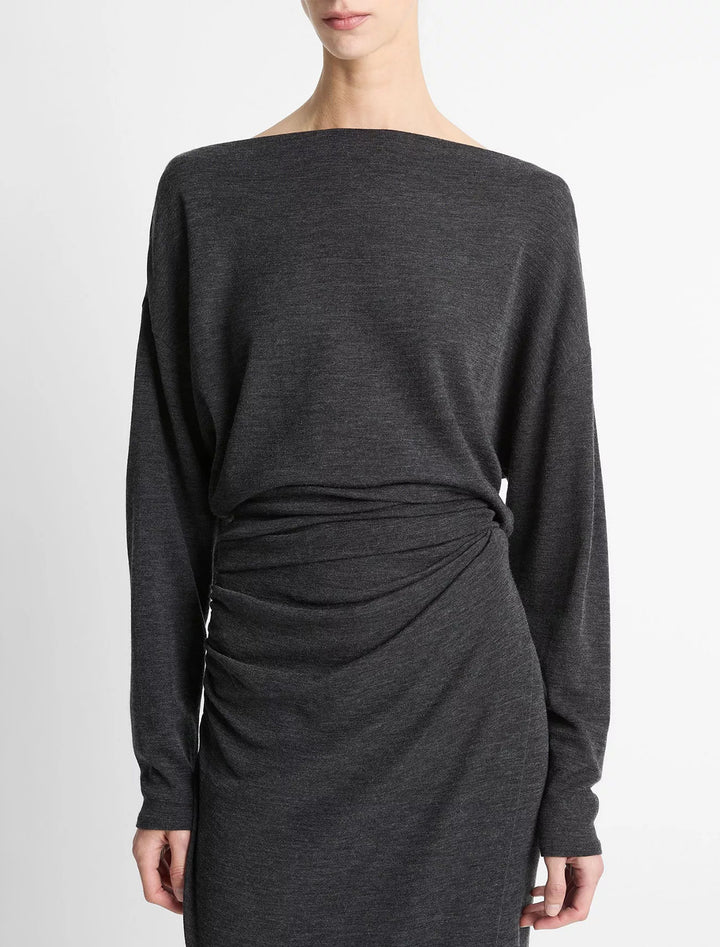 draped slash neck top in dark heather grey