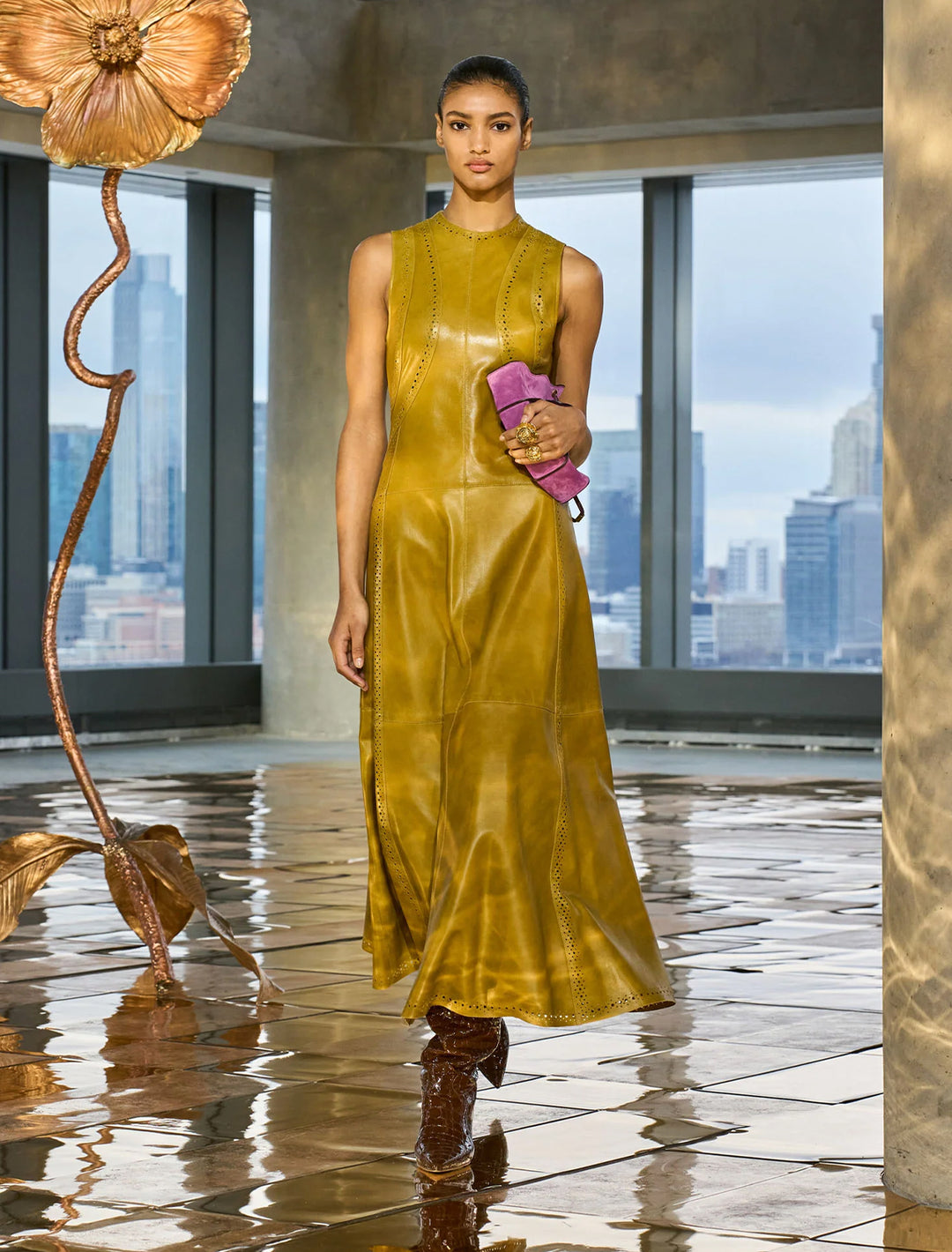 juliette leather sleeveless midi dress in willow