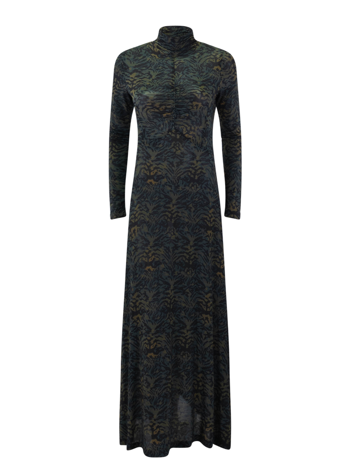 koa jersey ruched front turtleneck dress in desert jasper