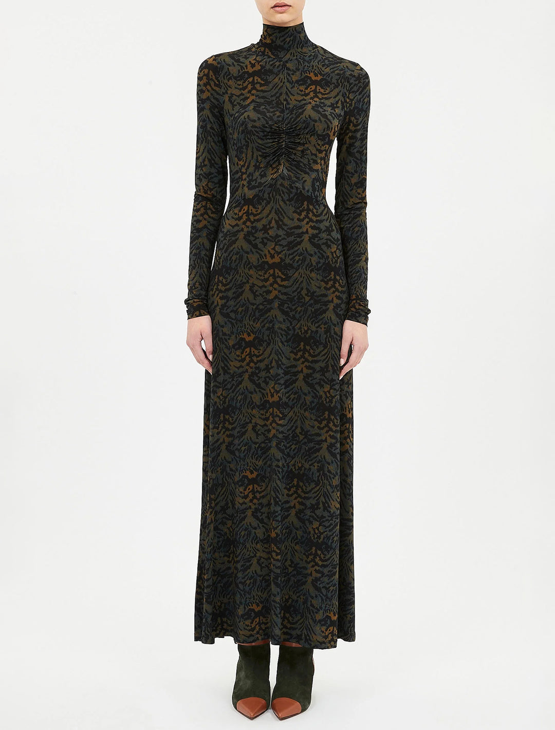 koa jersey ruched front turtleneck dress in desert jasper