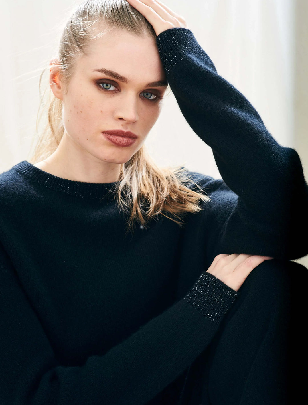 contrast lurex rib crew swater in black