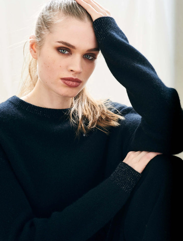 contrast lurex rib crew swater in black