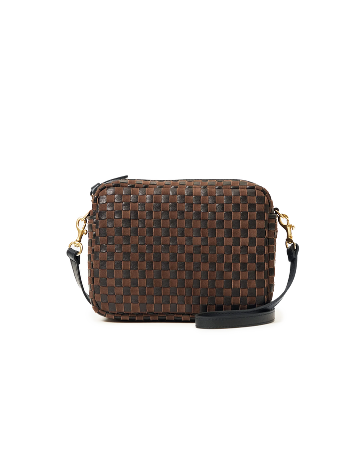 midi sac in black and chocolate leather and suede woven checker
