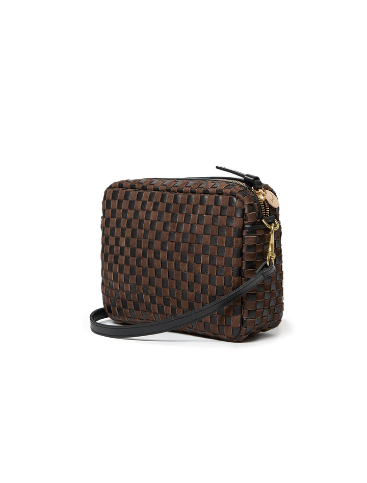 midi sac in black and chocolate leather and suede woven checker