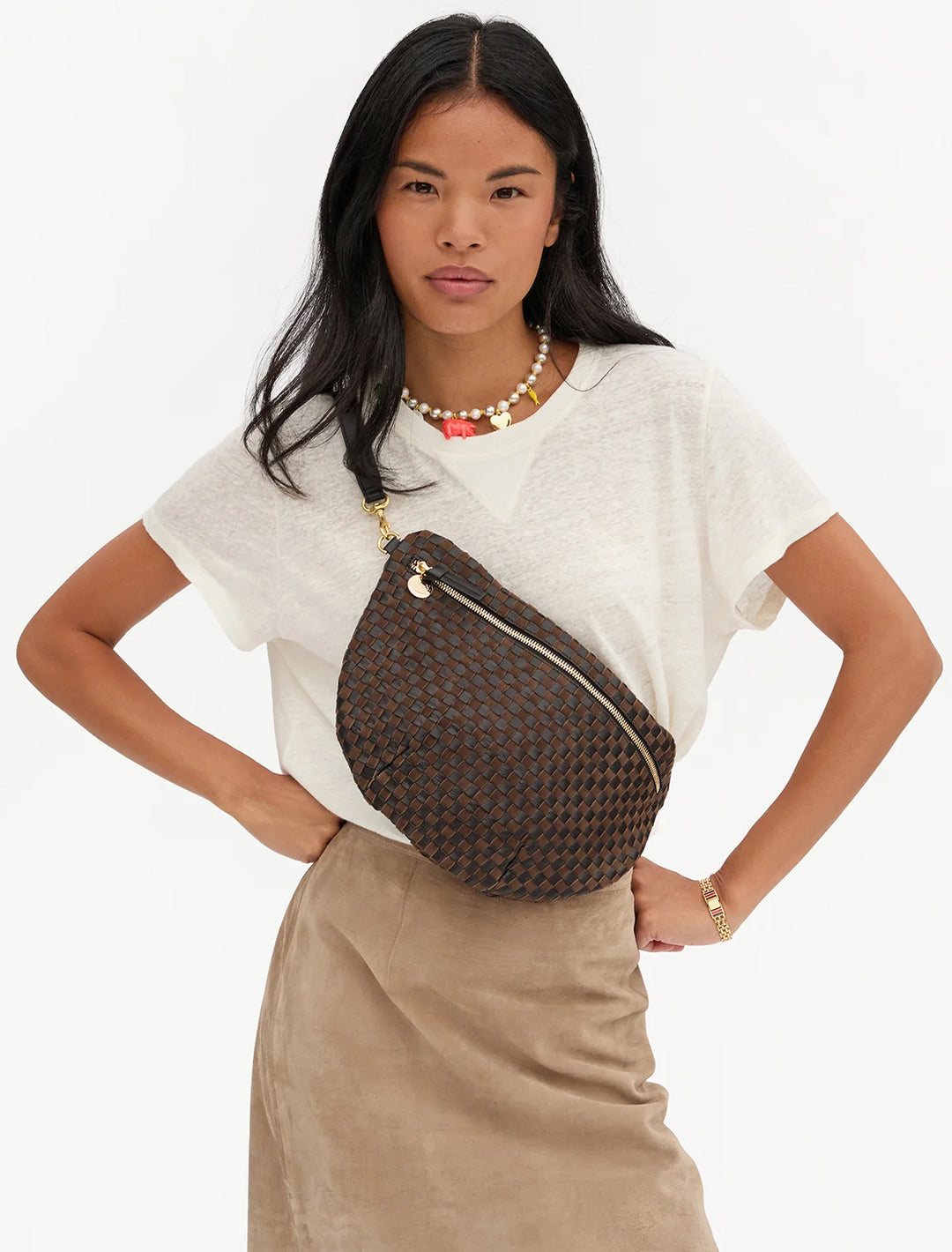 grande fanny in black and chocolate leather and suede woven checker