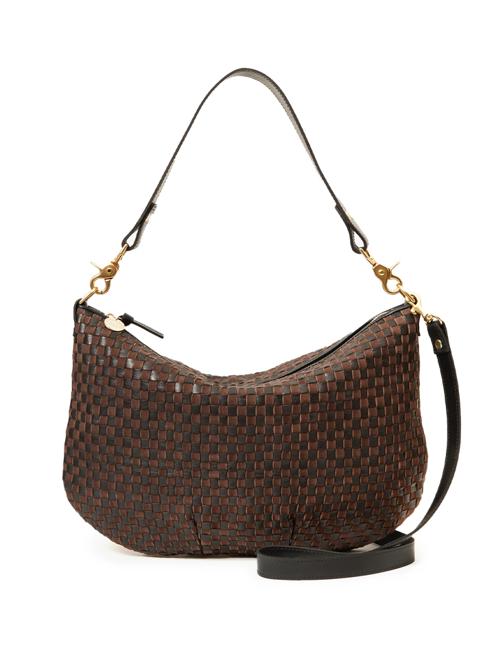 moyen messenger in black and chocolate leather and suede woven checker