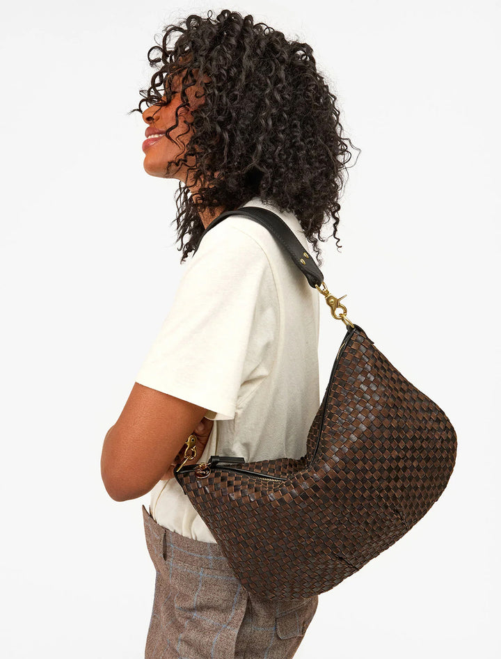 moyen messenger in black and chocolate leather and suede woven checker