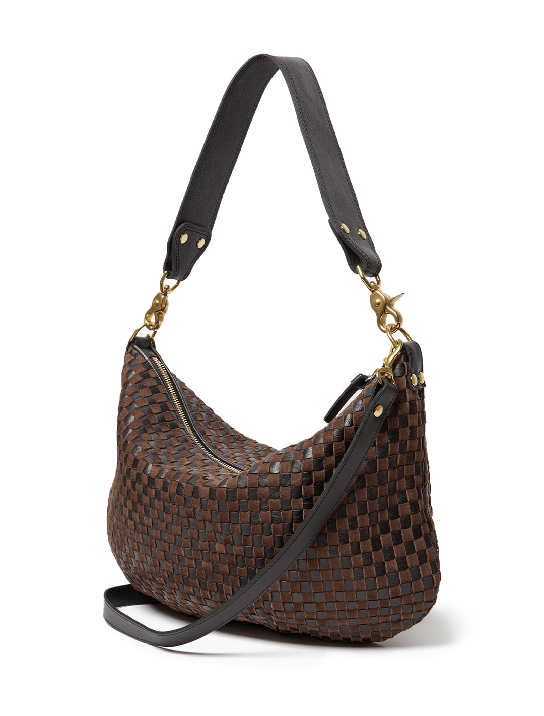 moyen messenger in black and chocolate leather and suede woven checker