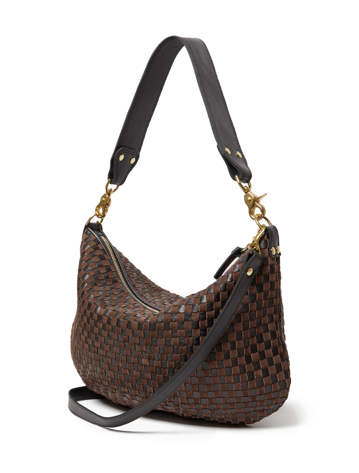 moyen messenger in black and chocolate leather and suede woven checker