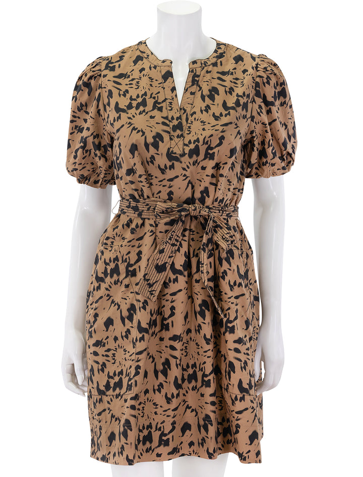 shirred sleeve split neck dress in animal floral