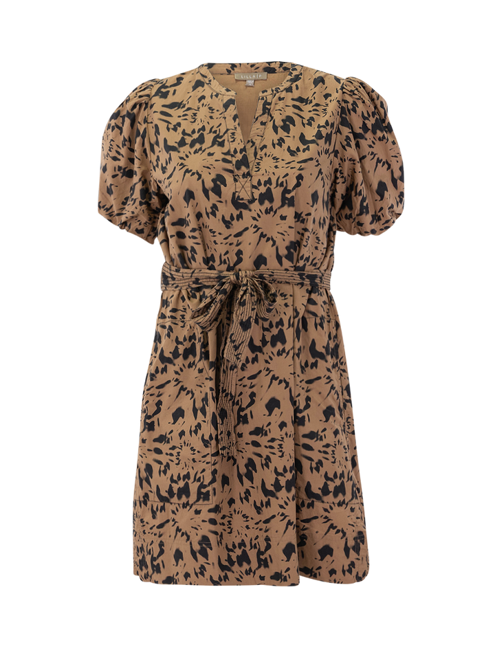 shirred sleeve split neck dress in animal floral
