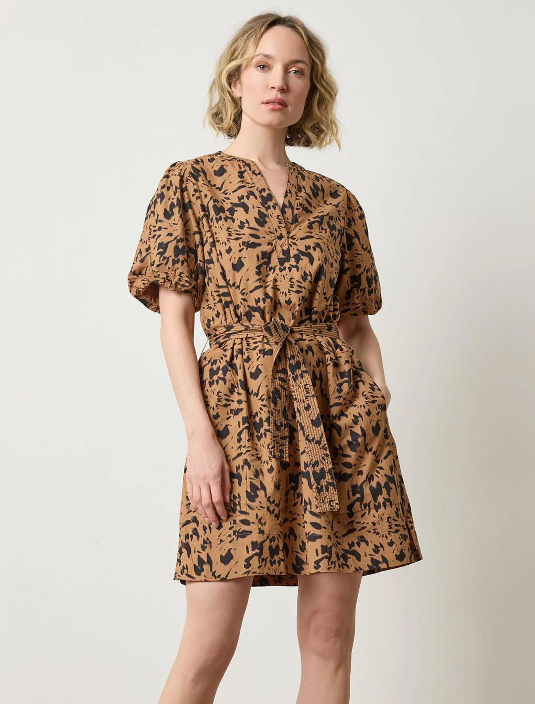 shirred sleeve split neck dress in animal floral