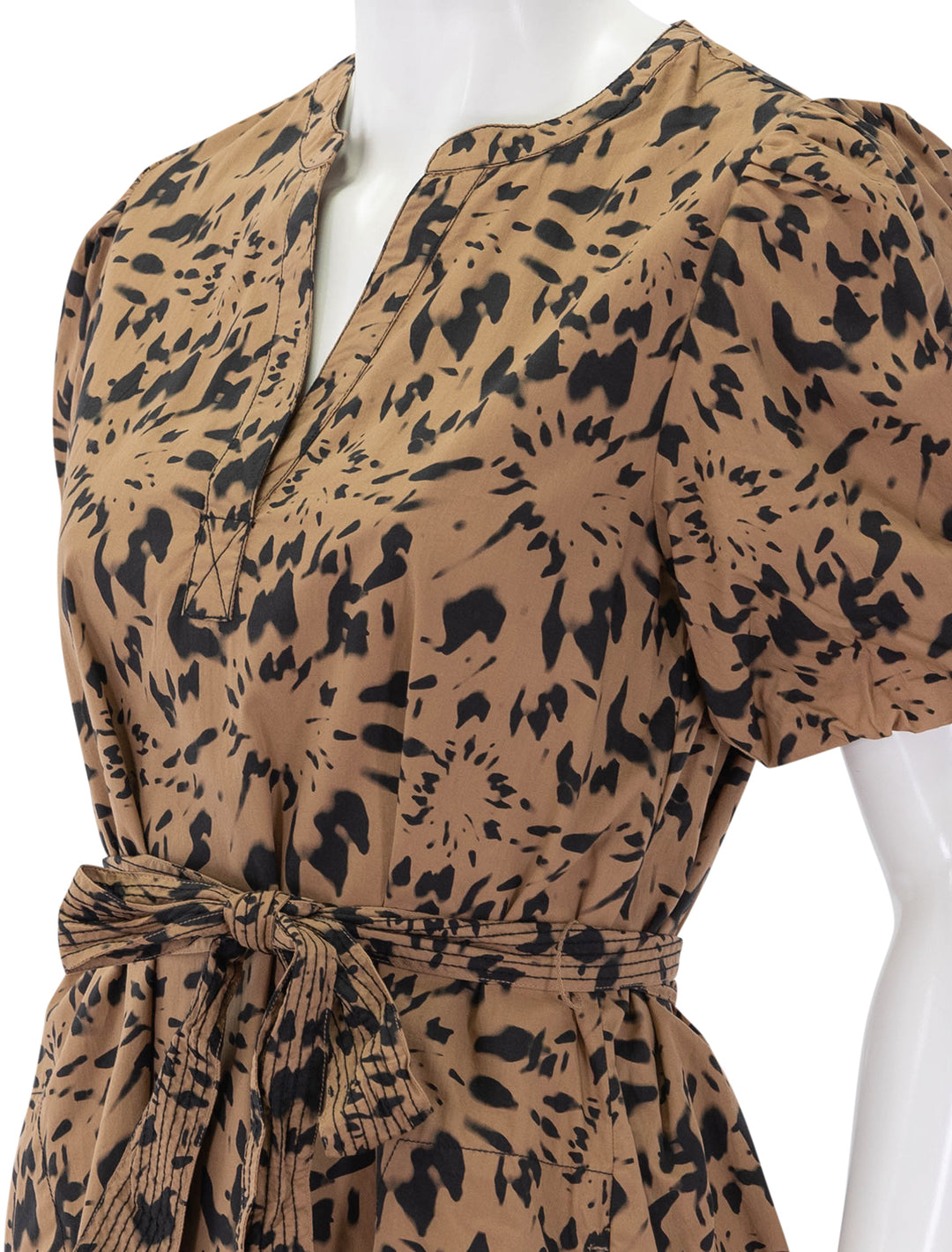 shirred sleeve split neck dress in animal floral