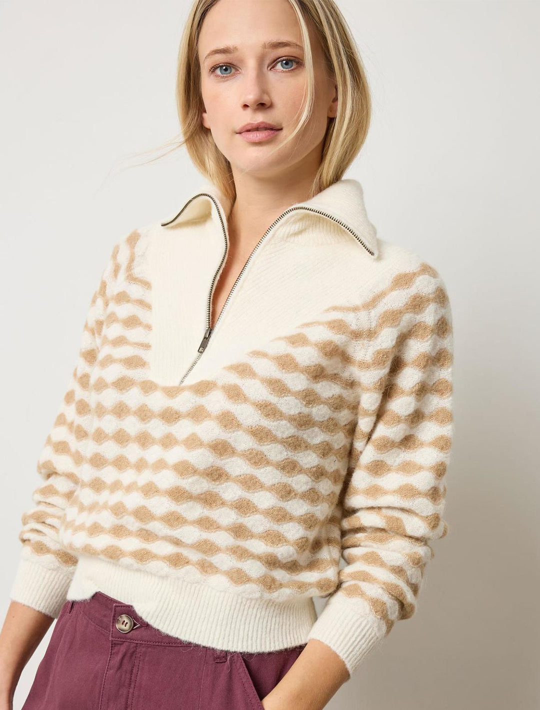 mixed stitch half zip in ivory and birch stripe