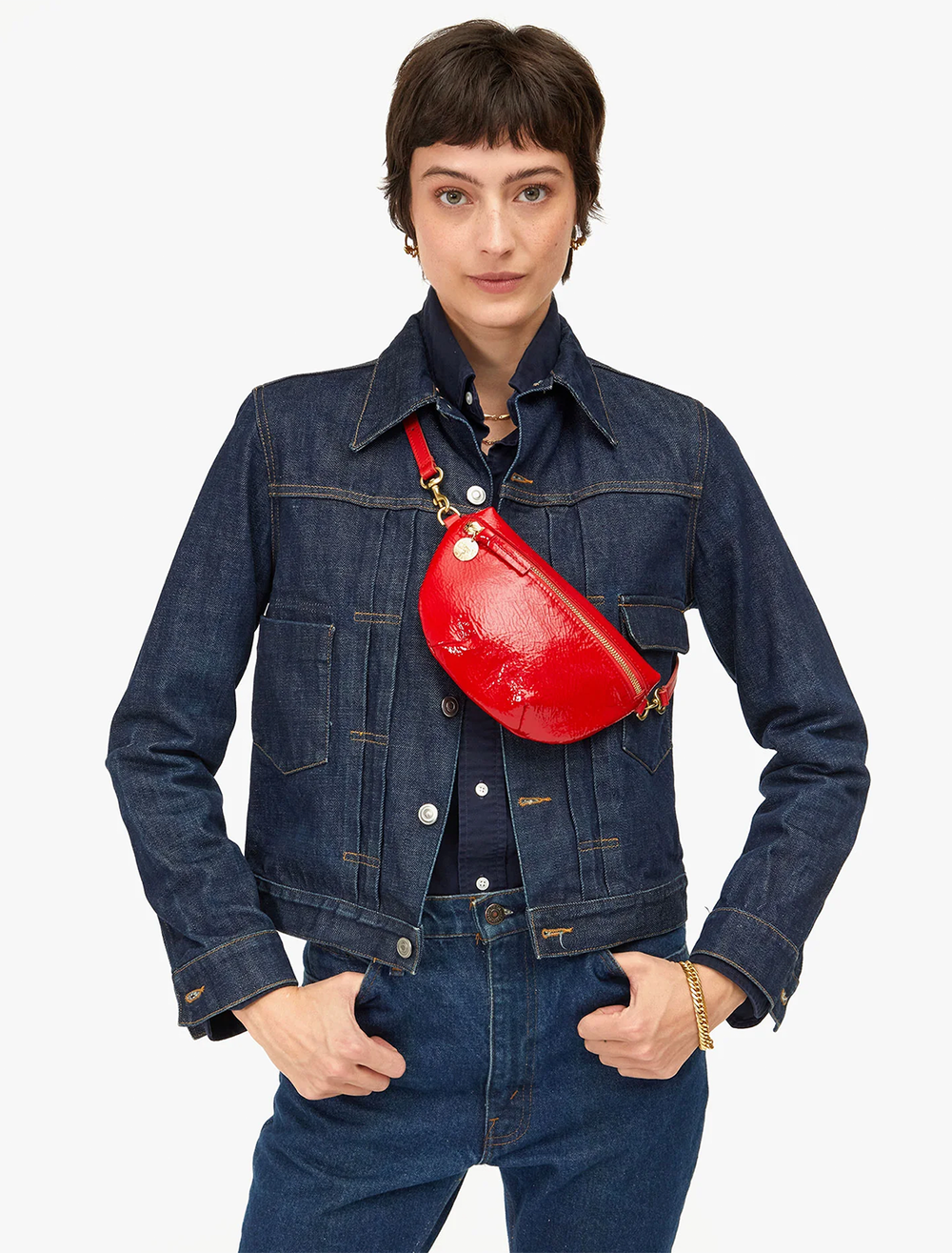 model wearing super red pucker patent petite fanny