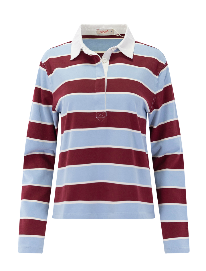 rugby polo in sky &amp; cabernet stripe