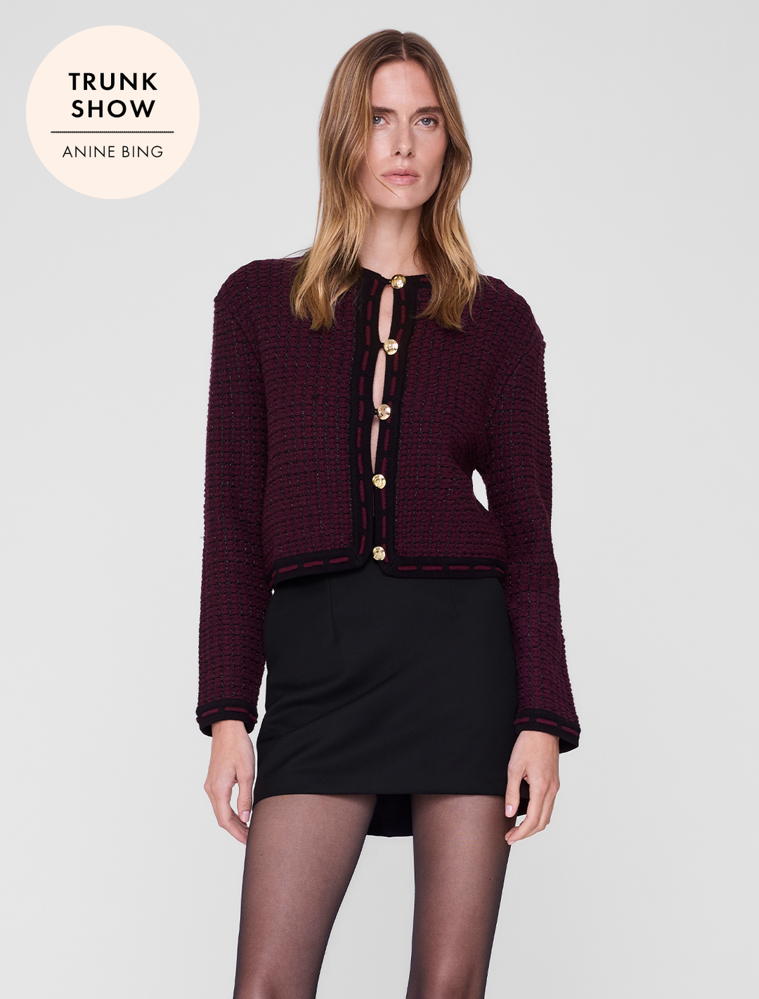 nora tweed cardigan in burgundy