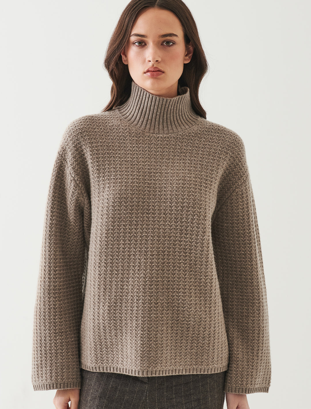 cashmere/wool blend waffle stitch sweater in almond