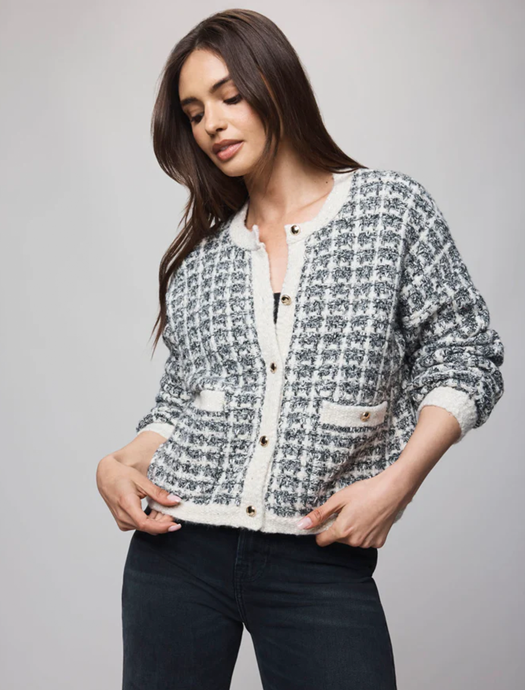 lisette texture cardigan in black plaid