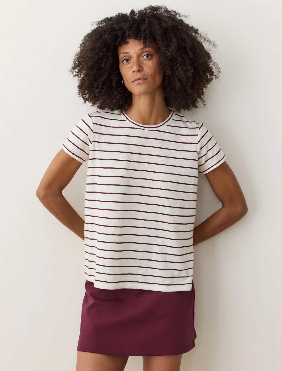 swing crew tee in white and fig stripe