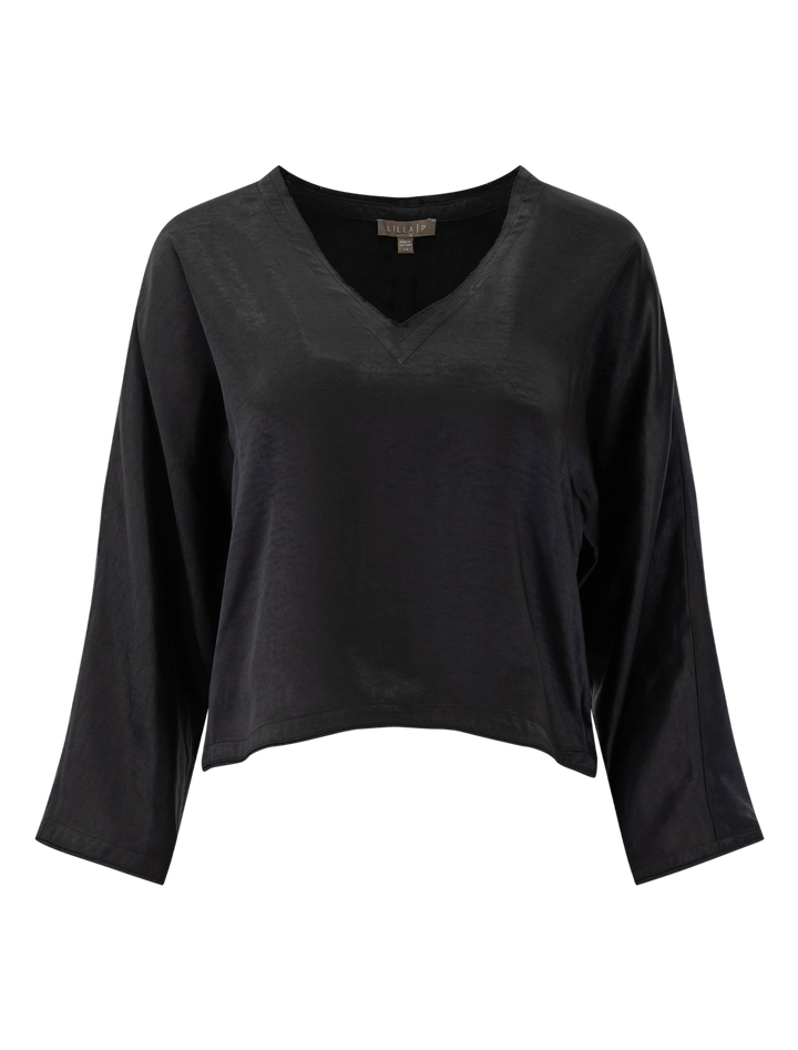 satin v neck dolman top in black