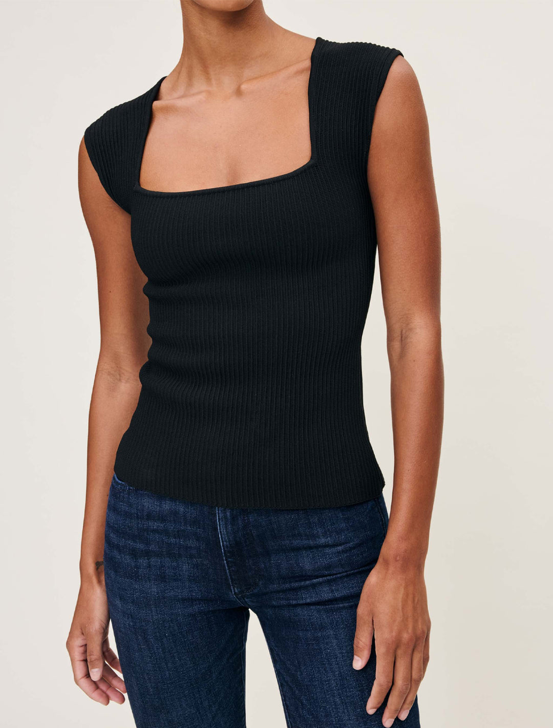 model wearing square neck top in black