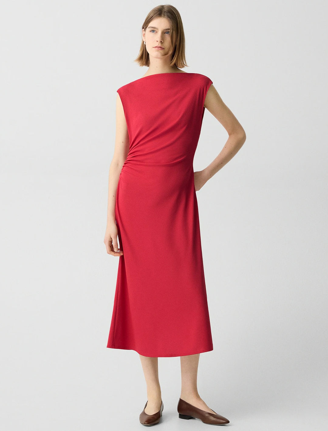 draped boatneck dress in cherry