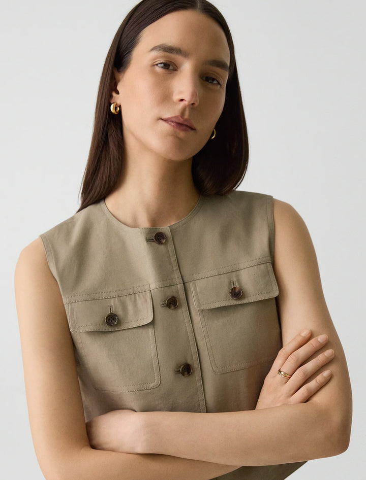 trucker vest in soft taupe