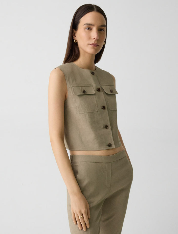 trucker vest in soft taupe