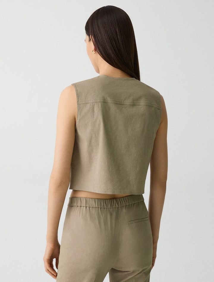 trucker vest in soft taupe