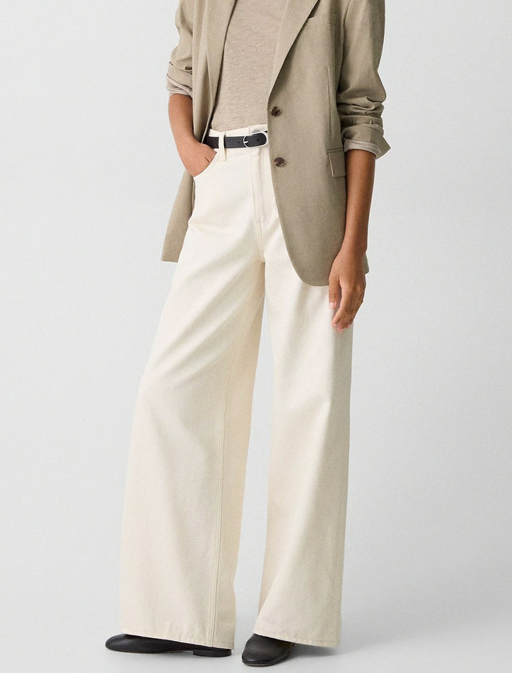 high-waisted wide-leg denim in ecru