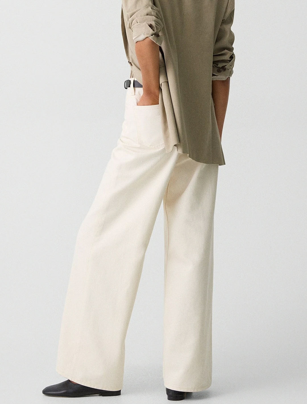 high-waisted wide-leg denim in ecru
