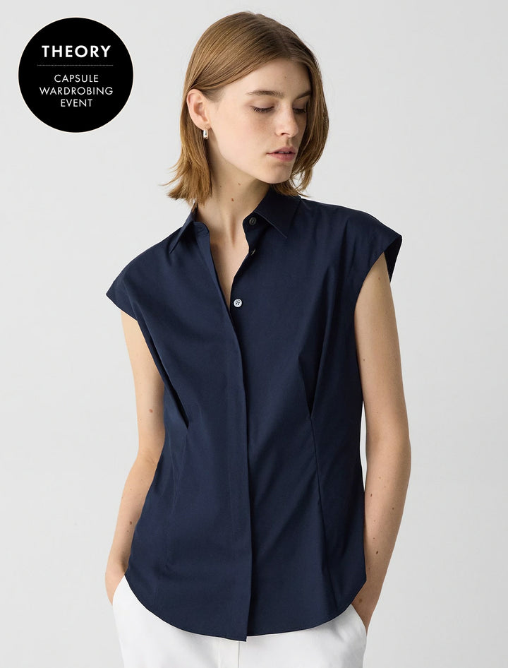 cinched cap sleeve cotton shirt in new navy