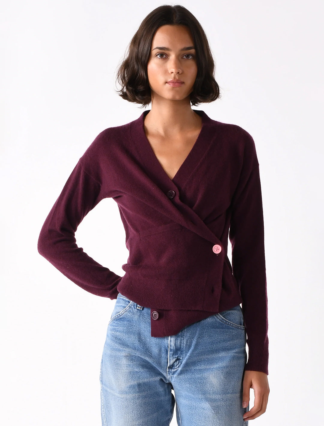 the wrap cardigan in burgundy