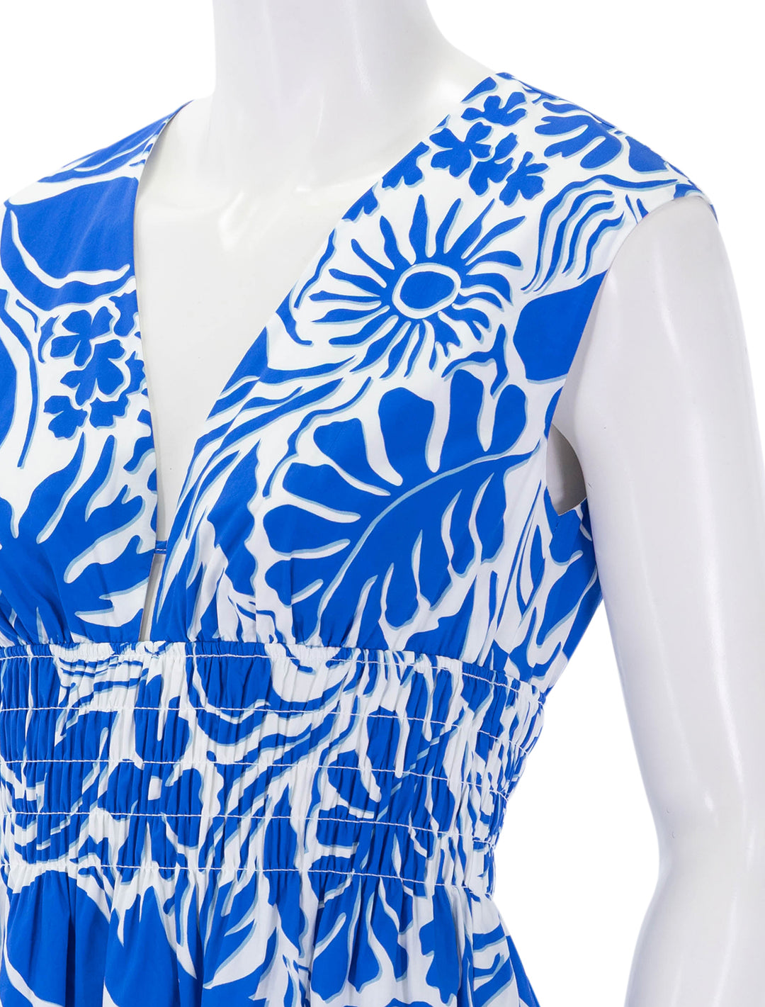 close up view of roxanne dress in blue riviera