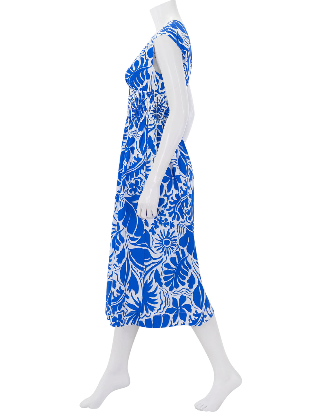 side view of roxanne dress in blue riviera